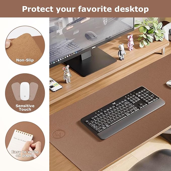 Wireless Charging Mouse Pad Firelison 2 in 1 Leather Multifunctional Office Desk Pad with Non-Slip Rubber Base, Waterproof Desk pad for Computers/Office/Work/Home/Decor（ 36" x 17"Buff - L）