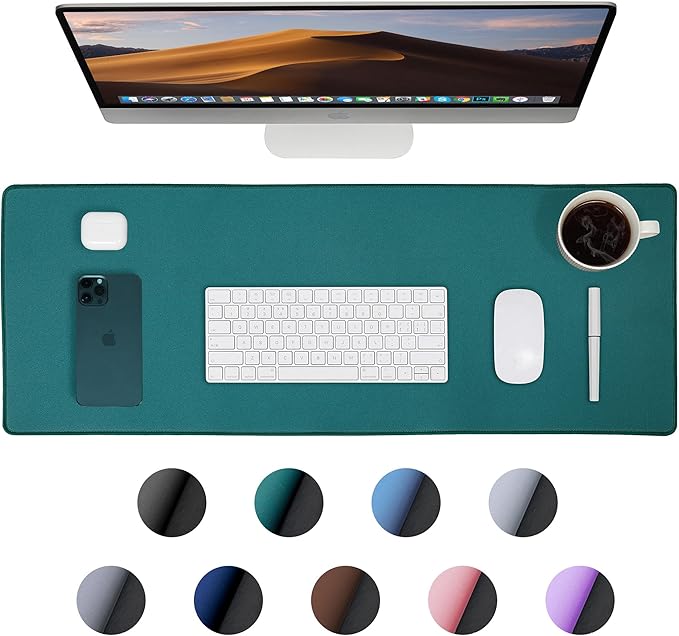 ALOANES Dark Green Waterproof Desk Mat,Large Extended Mouse Mat,Office Desk Protector with Anti-Slip Base,Stitched Edge,Grain Jacquard Surface,Perfect for Gamer,Office&Home, XL(11.81''x27.56''x0.12'')