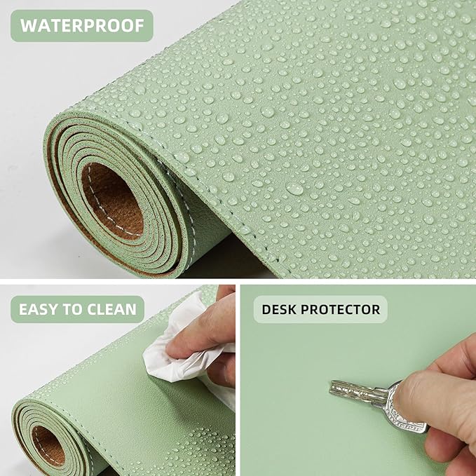 Leather Desk pad Protector, Large Desk mat with Natural Cork & PU Leather,Mouse pad,Non-Slip Office Desk Mat,Waterproof Desk Writing Pad for Office and Home (47in*17in, Light Green)