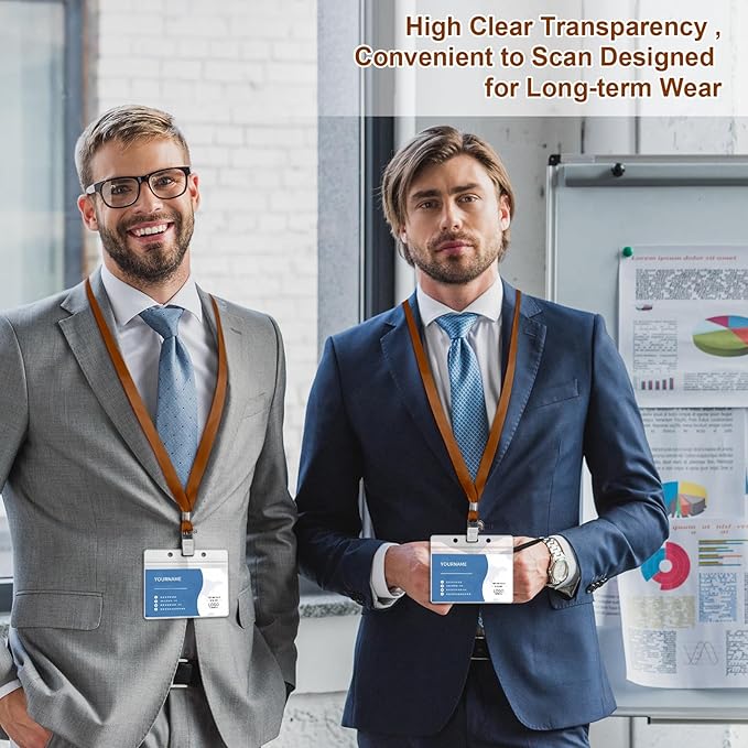 100 Pcs Lanyards for ID Badges and 100 Pcs Clear Name Tag Holders Reusable Lanyard with Clip Plastic ID Card Badge Holder Name Badges for Adults Kids Business School Office Supplies (Brown)