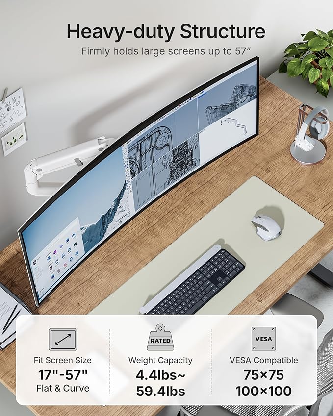 monTEK Single Monitor Arm with USB A/C, Ultrawide Monitor Stand for 17 to 57 Inch Curved Screen, Holds 59.4 lbs, Adjustable Gas Spring Arm, 75/100 VESA Mount, Clamp & Grommet Desk Mount, White