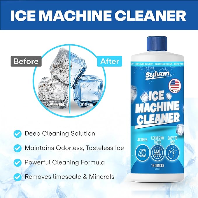 Sylvan Ice Machine Cleaner and Descaler | 2x 16 oz (8 uses) | Free Cloth | Made in USA | Nickel Safe Ice Maker Cleaner and Descaler | Universal Compatibility for Commercial & Residential Ice Makers