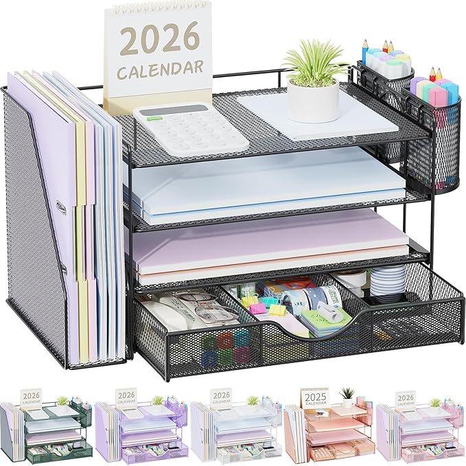 gianotter Desk Organizers and Accessories with File Holder, 4-Tier Desk Accessories & Workspace Organizers with Drawer and 2 Pen Holder, Paper Organizer for Office Supplies (Black)