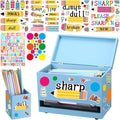 Mifoci 8 Pcs Wooden Pencil Dispenser Kit for Classroom Wooden Pen Holder Straw Dispenser Sharp and Dull Letter Stickers for Teachers Classroom Supplies Storage (Light Blue)