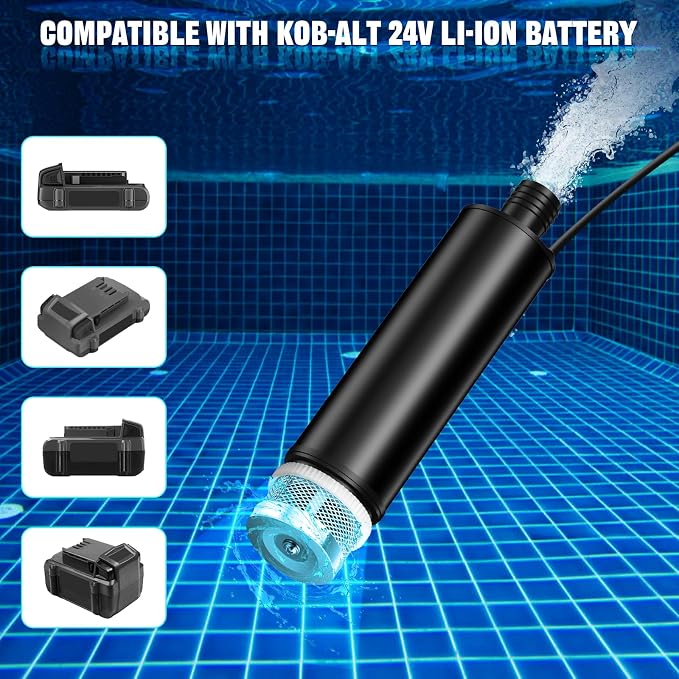Submersible Water Transfer Pump, Cordless Portable Pump Compatible with Kobalt 24V Battery, 635GPH 100W/120W for Pool Pond Garden Draining & Oil Suction, 16ft Cord (Bare Tool)