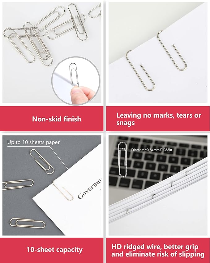 PAPERPAL Paperclips for Office School & Personal Use, #1 Nonskid Paper Clip (1-2/7"), 600 Medium Paper Clips (6 Boxes of 100 Each), Silver