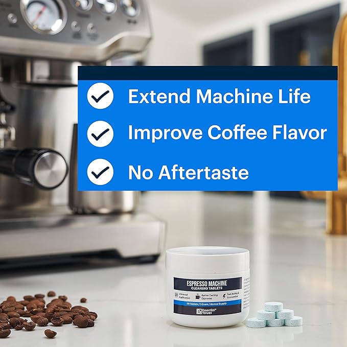 Essential Values Espresso Machine Cleaning Tablets (30 Tablets), Compatible with Breville Barista Express, Gaggia, Delonghi, Jura, Philips - Universal Descaler for Espresso Machines