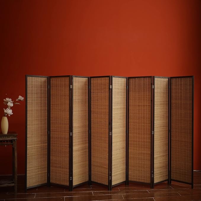 Furnnylane 8 Panel Bamboo Room Divider and Folding Panel Screen,Bamboo Panel Divider for Room Separation,Brown,67" H x 122.8" W