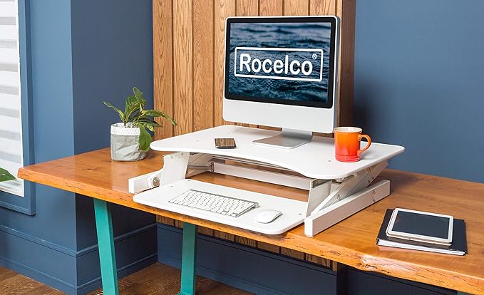 Rocelco 32" Height Adjustable Standing Desk Converter with Anti Fatigue Mat BUNDLE | Sit Stand Up Dual Monitor Riser | Computer Workstation | Large Retractable Keyboard Tray | White (R ADRW-MAFM)