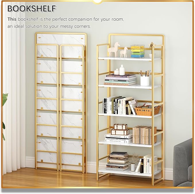 4NM No Assembly 5 Tiers Folding Bookshelf Storage Shelves Vintage Bookcase Standing Racks Study Organizer Home Office (White Gold)