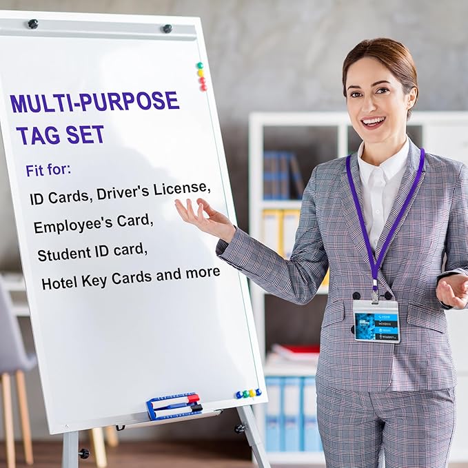 Marspark 100 Sets Clear Name Tags with Lanyard, Lanyards for ID Badges Reusable Strap with ID Holder Plastic Name Badges for Adults Business School Church Conference (Dark Purple)