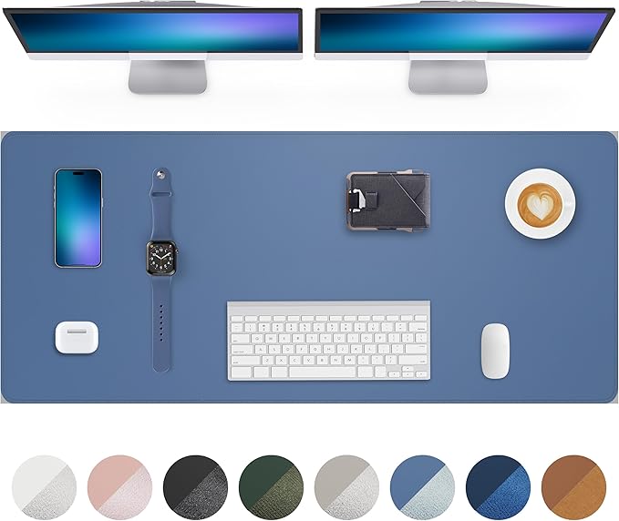 Leather Desk Pad Protector- 48" x 17" Office Desk Mat, Non-Slip PU Leather Mouse Pad, Waterproof Desk Blotter Mat, Desk Cover for Office and Home (Grey Blue)