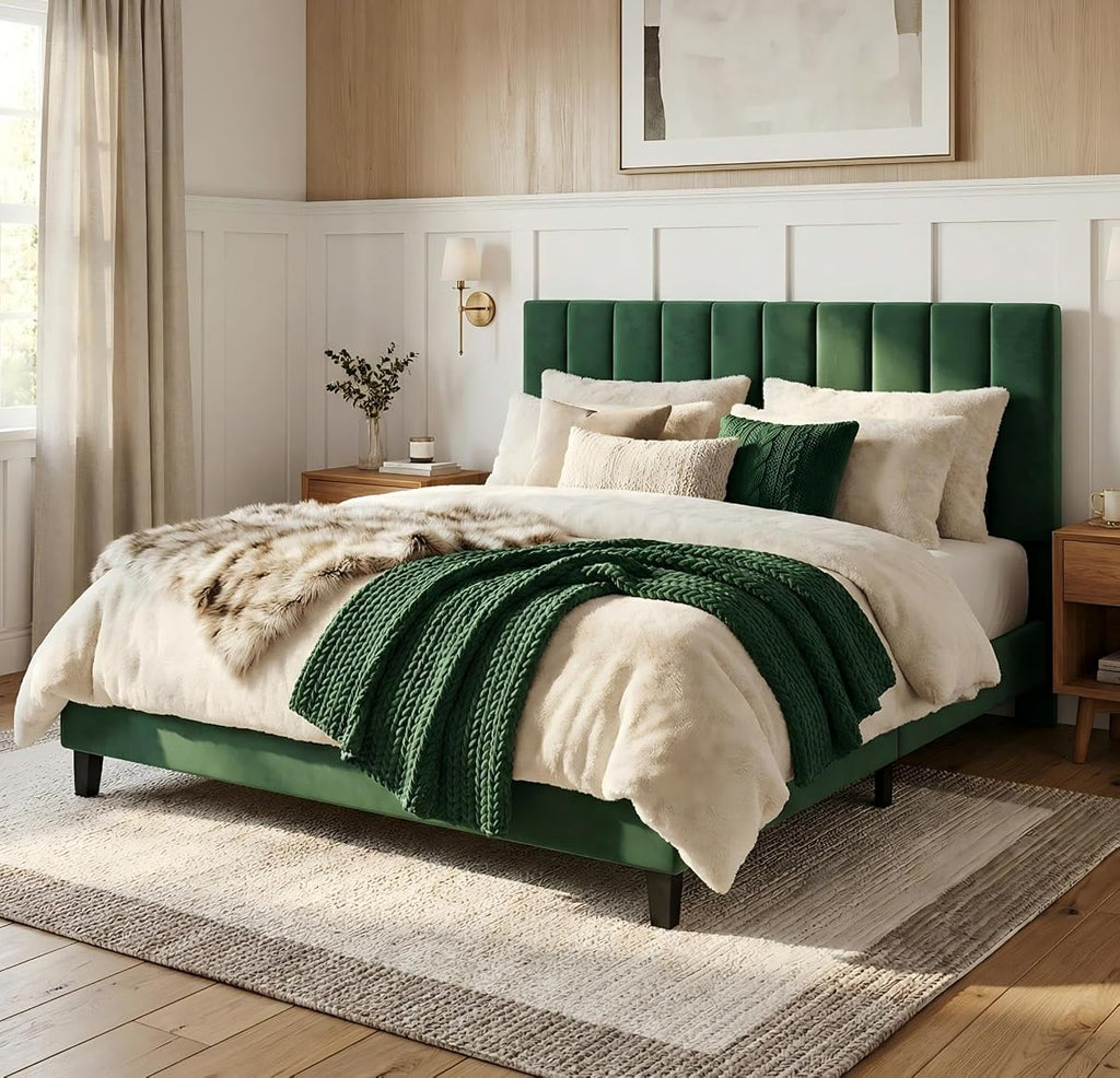 Queen Size Platform Bed Frame with Upholstered Headboard, Dark Green