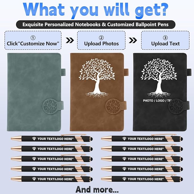 ENOMY Personalized Notebook & 10 PC Pens Set Custom Notebook 200 Pages A5 Leather Journal for Men Women Hardcover Notebooks for Office College Graduation New Year Gifts, Brown