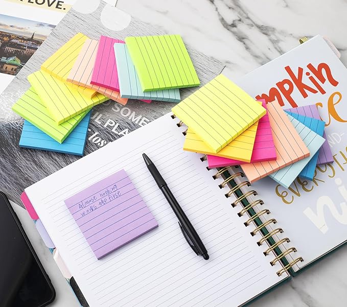 (16 Pack) Lined Sticky Notes 3x3 in Ruled Stickies Super Sticking Power Memo Pads Bright Colors