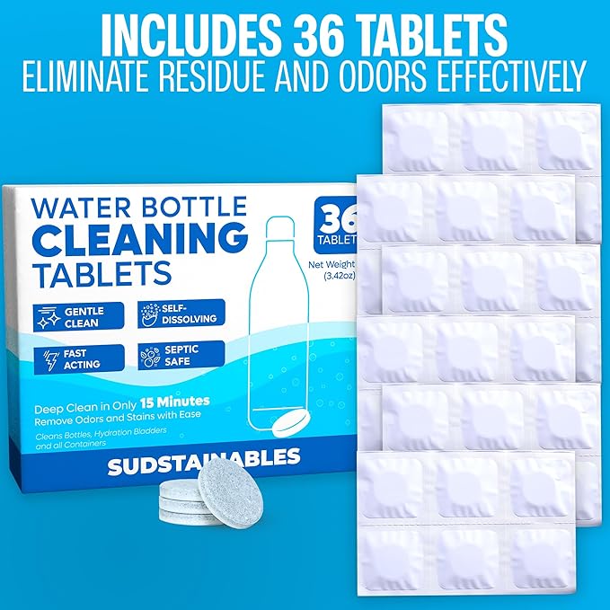 Sudstainables Water Bottle Cleaning Tablets – 36-Pack | Chlorine-Free & Odor-Control Formula | Water Bottle Cleaner, Flasks, Hydration Packs & Travel Mugs | Washer Tablets for Home, Hiking & Camping