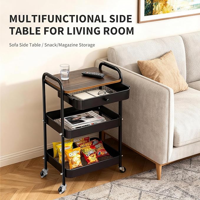 CAMOAT 3-Tier Rolling Storage Cart with Wooden Top and Drawer, Metal Mesh Mobile Utility Cart with Handle and Lockable Wheels, Multipurpose Organizer Trolley for Kitchen, Living Room, Bathroom,Office