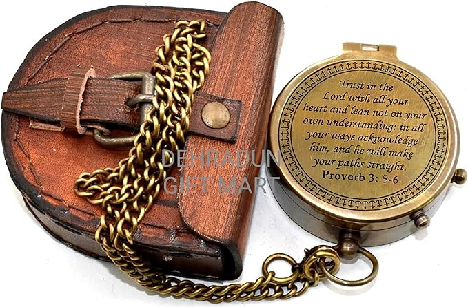 'Trust in The Lord'' Proverb3:5-6 Special Bibal Quote Scriptue Engraved Compass with Leather Case Guidance Gift | Religious Gift Compass | Baptism Gift | Graduation Gift Compass