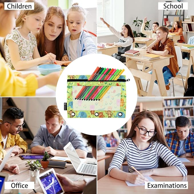 Emelivor Cartoon Animals Green Pencil Pouch for 3 Ring Binder 2 Pack Binder Pencil Case with Clear Window Pencils Bags with Zipper for Office Daily College Home Supplies