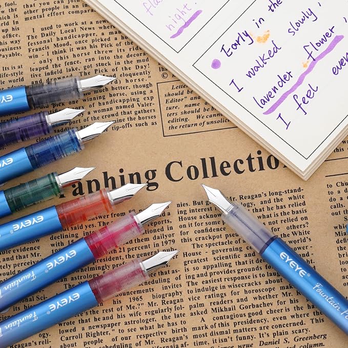 EYEYE Disposable Fountain Pens for Writing, Pack of 8 Blue Fountain Pens Medium Point Stainless Steel Nib