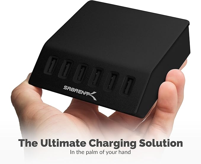 SABRENT Premium 60 Watt (12 Amp) 6 Port Aluminum Family Sized Desktop USB Rapid Charger.[UL Certified ] Smart USB Charger with Auto Detect Technology [Black] (AX-FLCH-B)