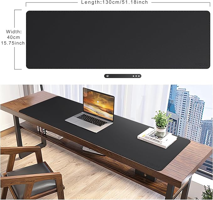 Mydours Ultra-Long 51.2" x 15.7" PU Leather Desk Pad with Non-Slip Suede Base, Waterproof Workstation Mat, Black - Full Desk Protection for Multiple Devices, Ideal for Professionals and Gamers