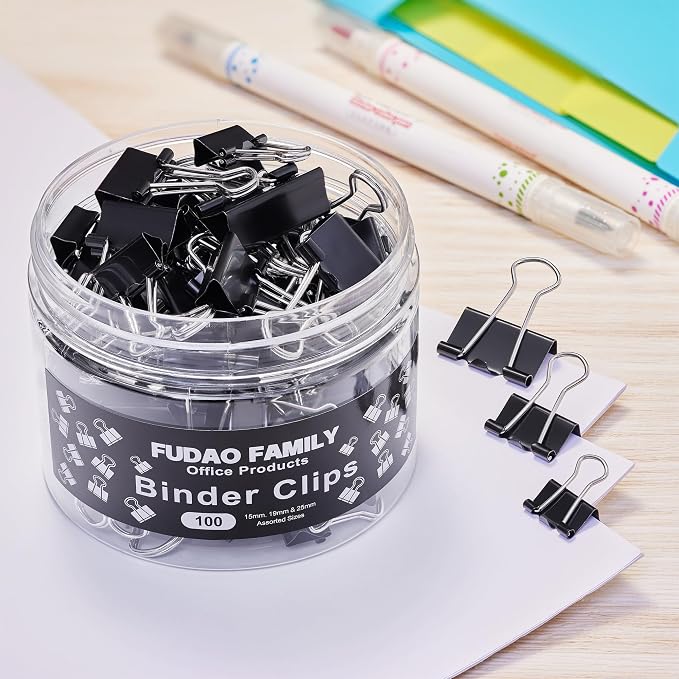 100pcs Binder Clips Assorted Sizes, Black Paper Clamps, Medium, Small, Mini 3 Sizes with Box for Office, School and Home