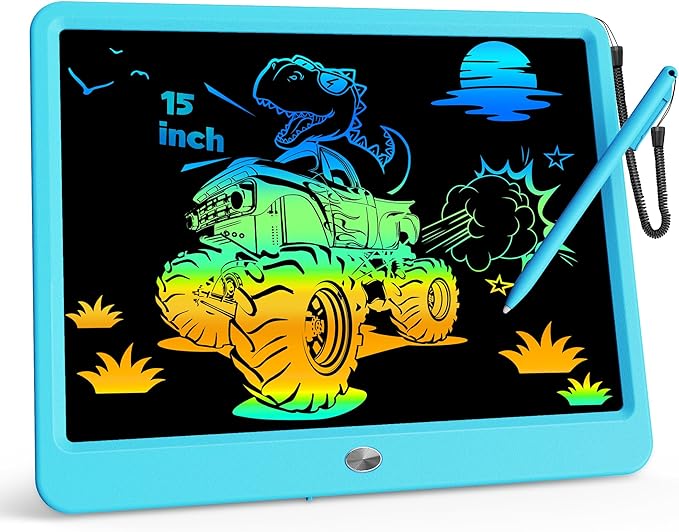 KOKODI 15 Inch LCD Writing Tablet with Anti-Lost Stylus, Erasable Doodle Board Colorful Toddler Drawing Pad, Car Travel School Games Toys for 3 4 5 6 7 8 Kids, Birthday Gift for Girls Boys Blue