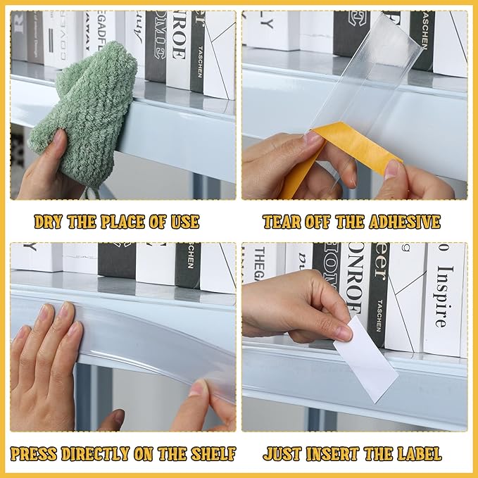 Fainne 100 Pcs 1.25 Inch Shelf Label Strip Holders Plastic Wire Shelf Price Tag Holder Self Adhesive Clear PVC Front and Back Labels Strip for Gondola Price Tag Wood Metal Rack, 48 Inches Long