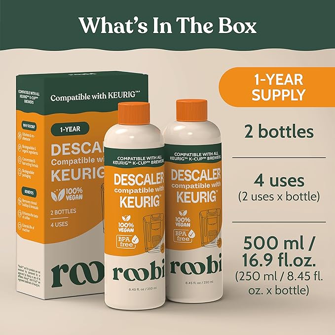Roobi Keurig Compatible Descaling Solution. Specially Formulated for Descaling & Cleaning. 2 Uses per Bottle, 2 Pack. Carbon Neutral Keurig Descaling Kit.