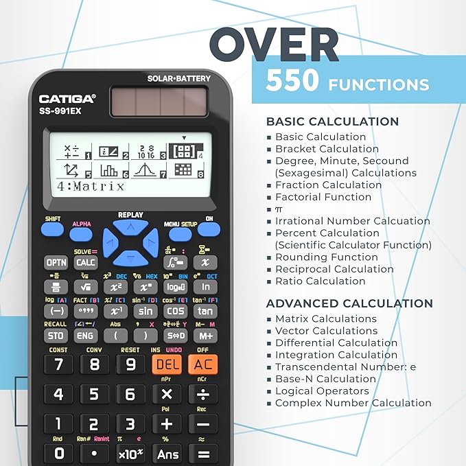 CATIGA SS-991EX Scientific Calculator with Advanced 550 Functions- Solar & Battery Powered, Multi-Function, High School & College Math, Trigonometry, Statistics, Algebra, Durable, Large Display