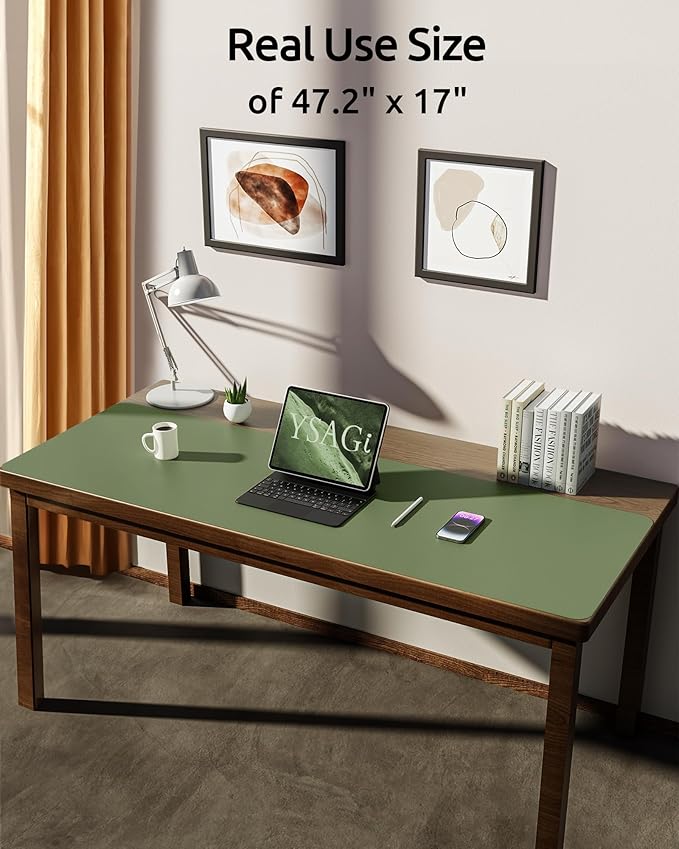 YSAGi Leather Desk Protector, Office Mat, Large Mouse Mat, Non-Slip PU Leather Blotter, Laptop Pad, Waterproof Writing Pad for Office and Home (Bamboo Green, 47" x 17")