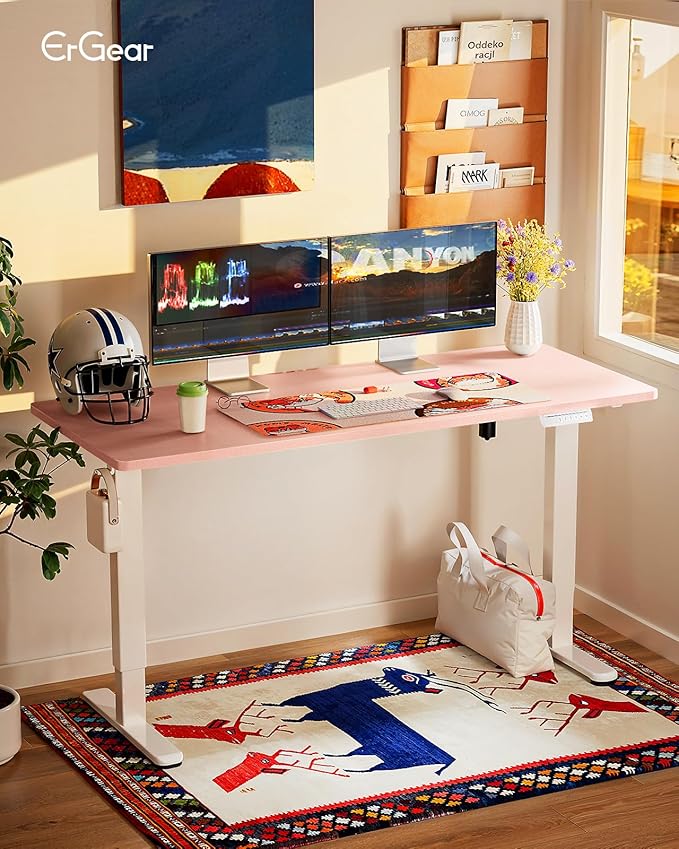 ErGear Height Adjustable Electric Standing Desk, 55 x 27.5 Inches Sit Stand up Desk, Memory Computer Home Office Desk with Two-Piece Desktop (Pink)