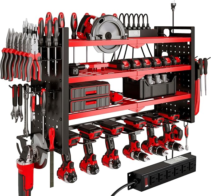 NattyDot Power Tool Organizer Wall Mount with Charging Station 4 Layer 6 Slot Cordless Drill Holder with Angle Grinder Holder (Red)