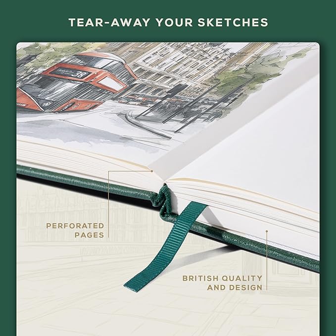 Beechmore Books Square Sketchbook – 8x8 Premium Vegan Leather Bound Large Sketch Book Hardcover with 156 Thick 160gsm Perforated Ivory Pages, Blank Sketch Pad, Gift Boxed Back Pocket, Ribbon Bookmark