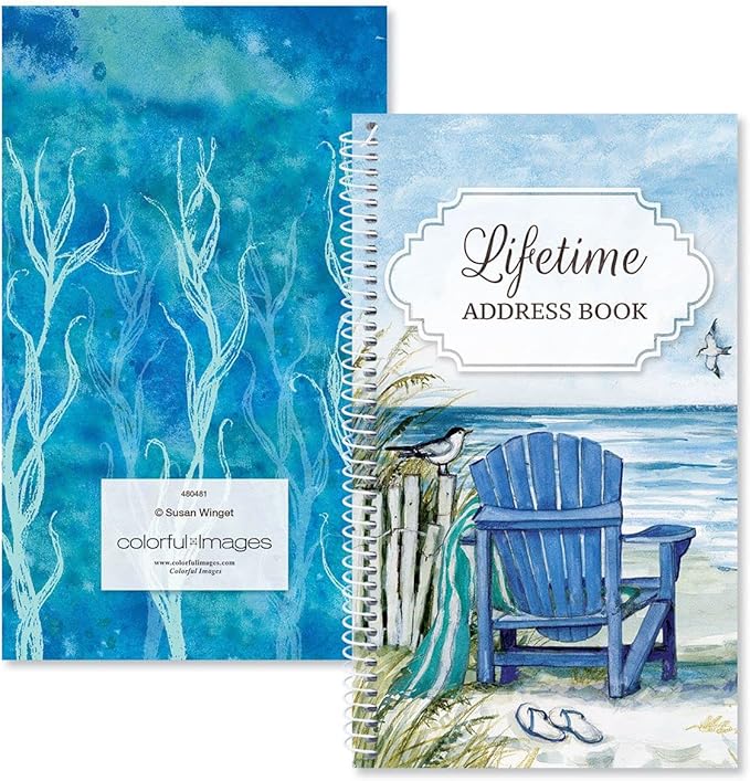 Current by The Sea Address Book - 94 Pages; Small 5" x 8-1/2" Size for Purse or Office, Spiral Bound Soft Cover Organizer for Contacts, Addresses, Email, & Phone Numbers + 50 Replacement Stickers
