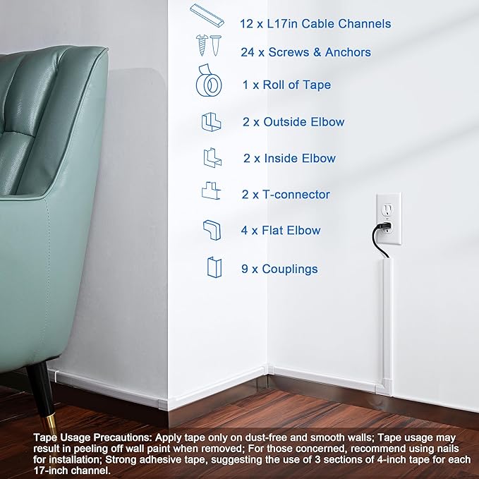 204in Wall Cable Hider, Cord Hider to Hide 2-3 Cords, TV Wire Hider for Wall, Cable Management Kit, Cable Raceway White, Paintable Cable Concealer, 12 x L17in W0.98in x H0.5in
