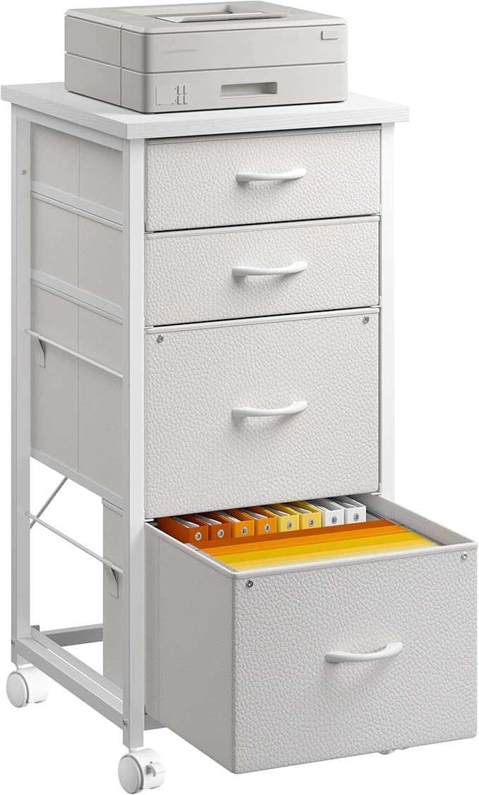 4 Drawers Mobile File Cabinet Vertical Filing Cabinet with Fabric Drawer Fits A4/Letter Size Printer Stand for Home Office，White