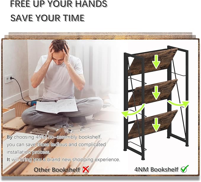 4NM No Assembly Folding Bookshelf Storage Shelves 3 Tiers Vintage Bookcase Standing Racks Study Organizer Home Office (Rustic Brown Black)