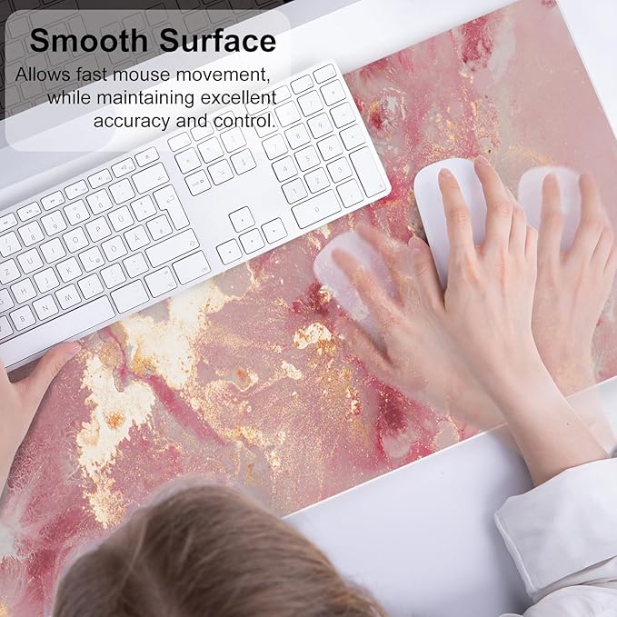 QIYI Large Mouse Pad, Cute Pink Desk Mat for Desktop, Women Girls PU Leather Waterproof Gaming, Rose Gold Marble Computer PC Laptop Protector Writing Pads for School Office Home 31.5" x 11.8"