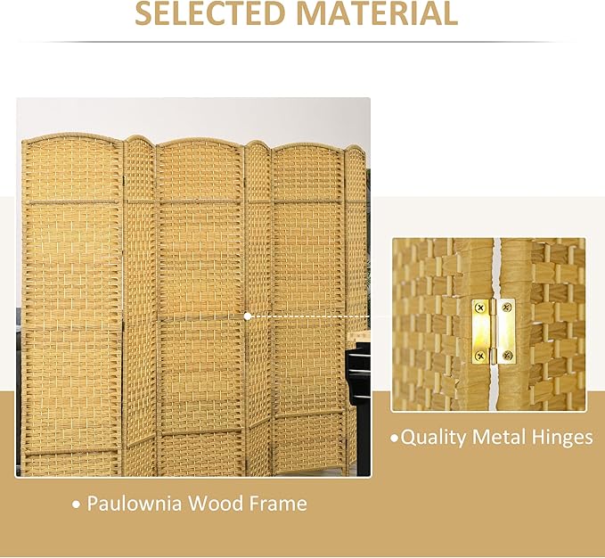 HOMCOM 6 Panel Room Divider, 6' Tall Folding Privacy Screen, Hand-Woven Freestanding Wall Partition for Home Office, Bedroom, Nature Wood