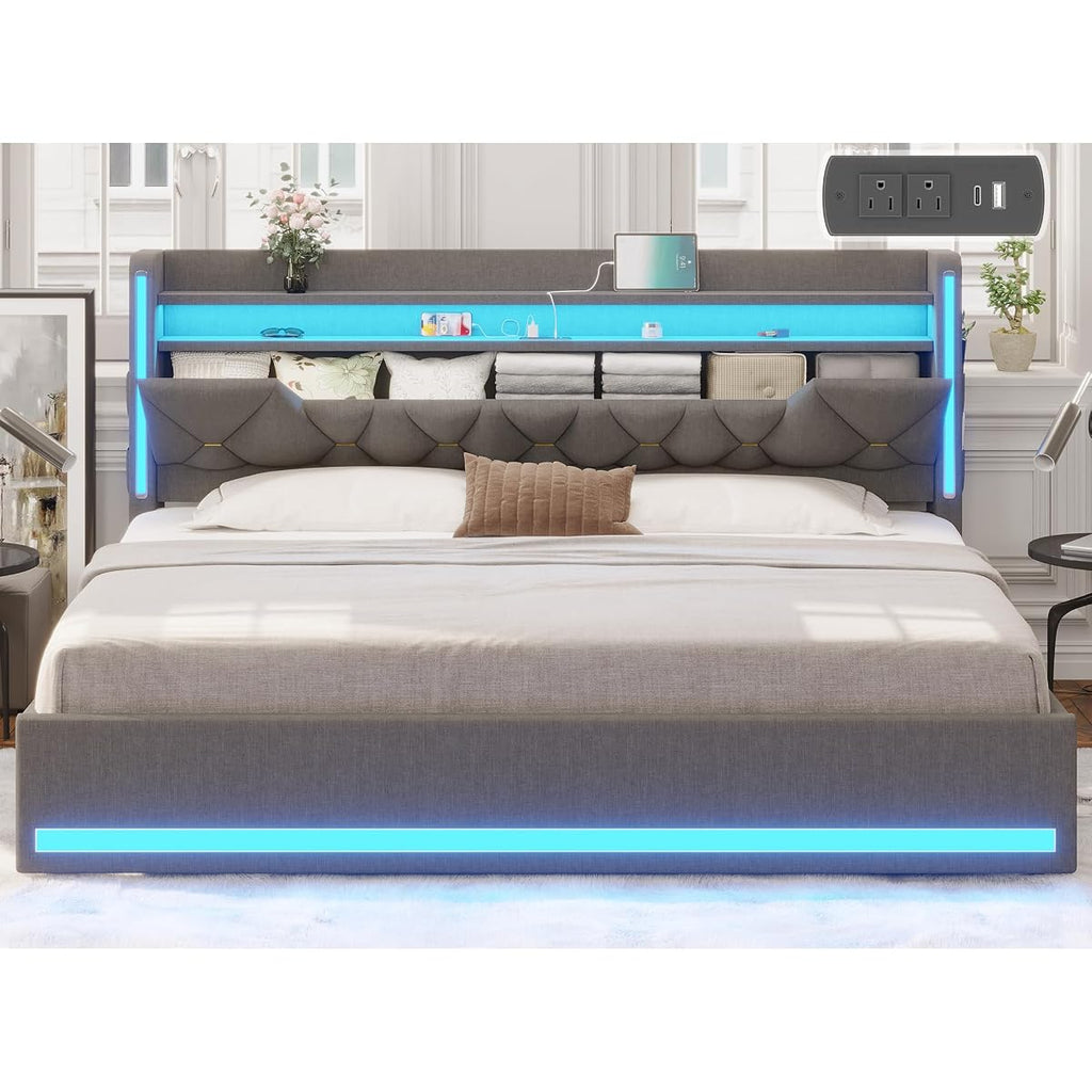 King Size Bed Frame with Marshmallow Headboard and Storage, Gray