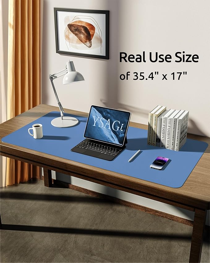 YSAGi Leather Desk Protector, Office Mat, Large Mouse Pad, Non-Slip PU Leather Blotter, Laptop Desk, Waterproof Writing Pad for Office and Home (Sea Blue, 35.4" x 17")