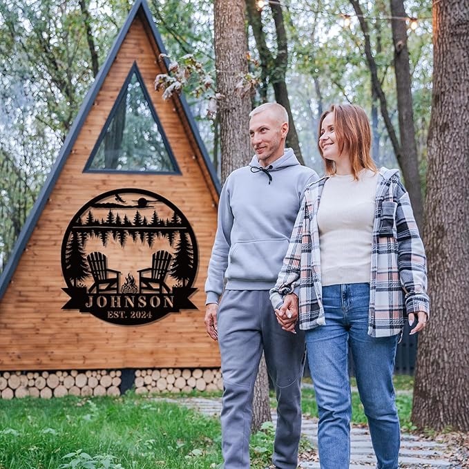 Custom Campfire Metal Name Sign, Campsite Custom Metal Family Name Sign, Campsite Monogram Forest, Personalized Camping Gifts Fire Pit Camper Lover Gift