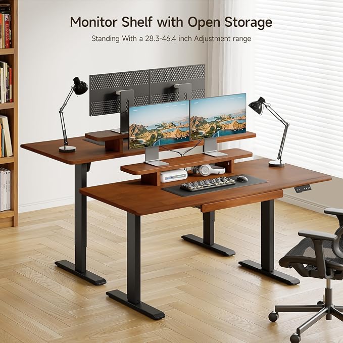 ONBRILL Standing Desk with Drawer, 55x23.6 Inches Solid Wood Desktop Stand Up Desk with Whole-Piece Board and Storage Shelf, Adjustable Height from 28-46 Inches for Home & Office, Brown