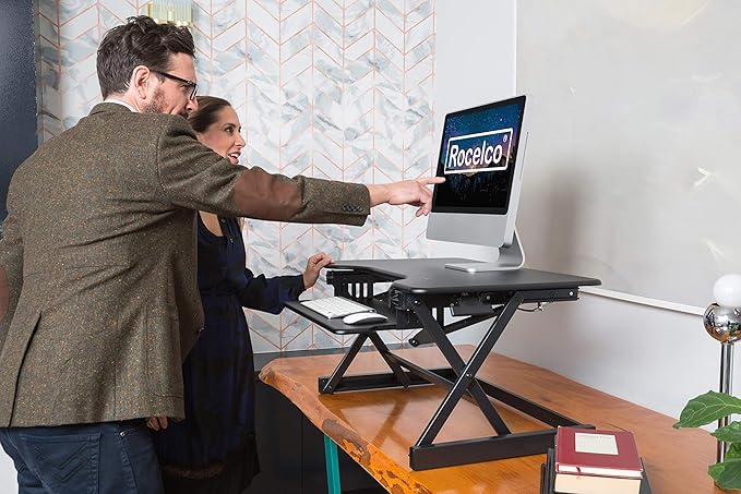 Rocelco 40" Large Height Adjustable Standing Desk Converter - Quick Sit Stand Up Dual Monitor Riser - Gas Spring Assist Computer Workstation - Retractable Keyboard Tray - Black (R DADRB-40)