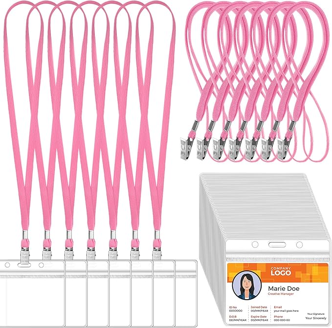 Marspark 50 Sets Clear Name Tags with Lanyard, Lanyards for ID Badges Reusable Strap with ID Holder Plastic Name Badges for Adults Business School Church Conference (Pink)