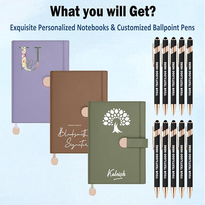 A5 ENOMY Personalized Notebook Set with 10PC Pens Custom Journal with Pocket Lined Custom Notebook for Writing Men Women Ideal Mom Sister Gift, Blue