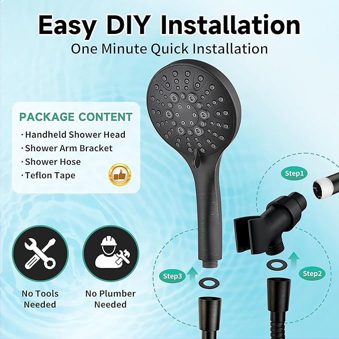 BRIGHT SHOWERS High Pressure Shower Head with Handheld, 9 Spray Settings Showerhead Built in Power Wash to Clean Tub and Pets, Extra Long 69" Hose, Adjustable Bracket, Oil-Rubbed Bronze