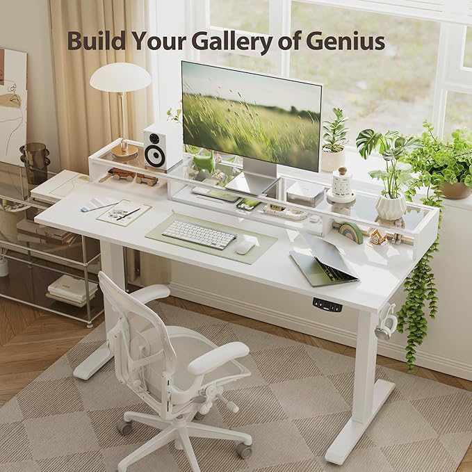 Agilestic Glass Standing Desk with Storage, 48 Inch Electric Adjustable Desk with Glass Shelf and Cable Management, Sit Stand Up Home Office Computer Table, Splice Board, White